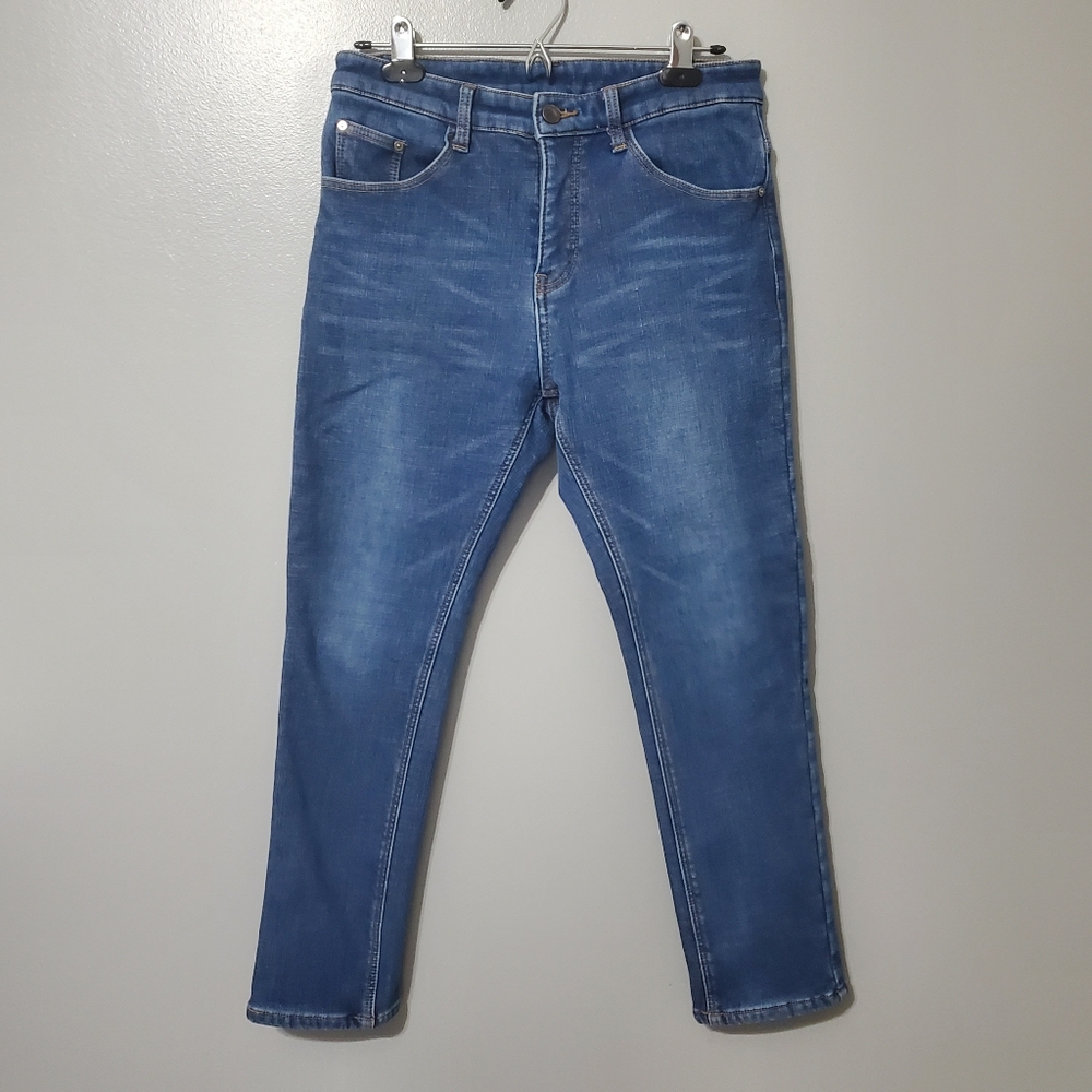 Plaid & Plain Yuefa Mens Jeans Dark Wash Skinny Insulated Slim Short Size 32x28